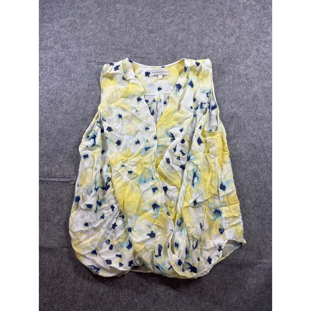 Katherine Kelly Silk Tank Faux Wrap Blouse Yellow Abstract Floral V-Neck Women L